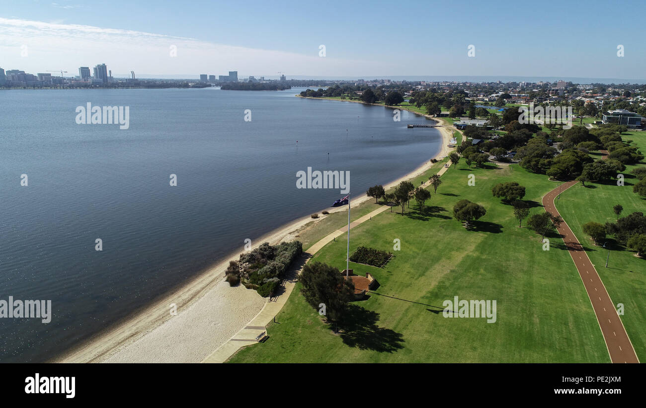 Aerial view of South Perth Western Australia along banks of Swan River showing parkland, beach and cycleway Stock Photo