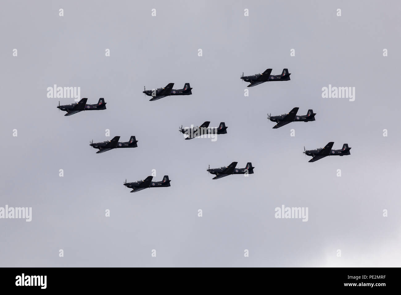 Nine RAF Tucano T1 Training planes in formation over London for the RAF100 Anniversary flypast Stock Photo