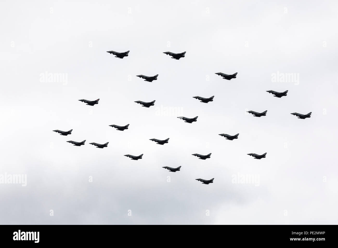 Many Eurofight Typhoon RAF fighter jets in formation over London for the RAF100 anniversary flypast Stock Photo