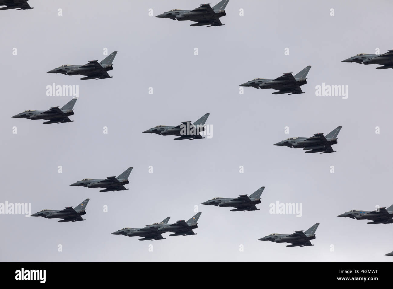 Many Eurofight Typhoon RAF fighter jets in formation over London for the RAF100 anniversary flypast Stock Photo