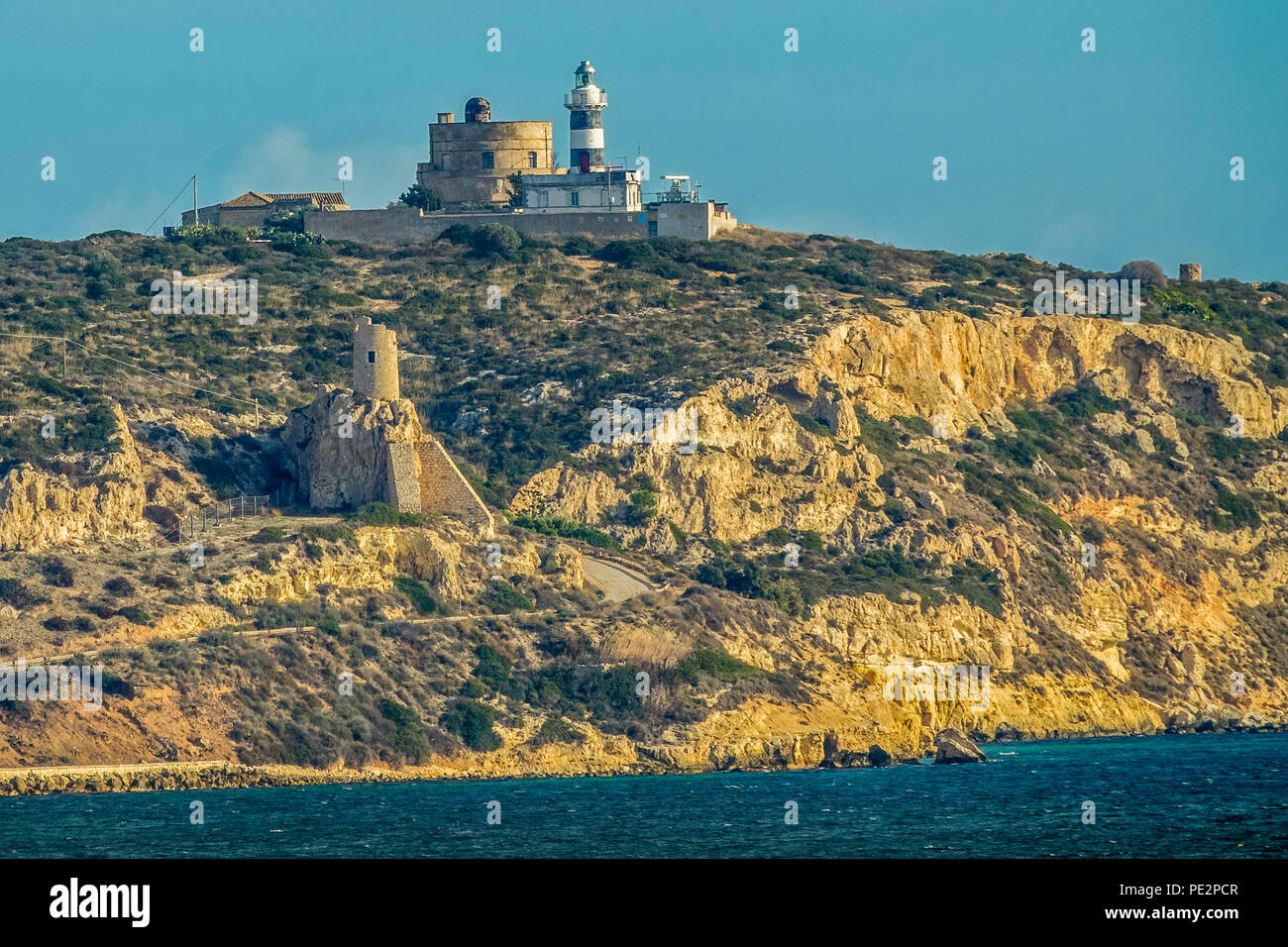 Beacon Lighthouse On Cabbage Island, Cagliari, Sardinia, Italy Stock Photo