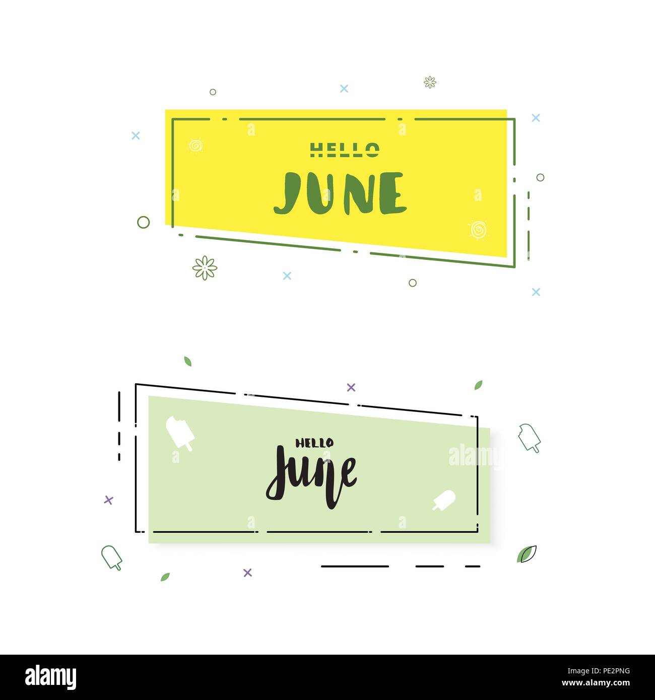 Set of Hello June banners. Element for summer graphic design. Vector