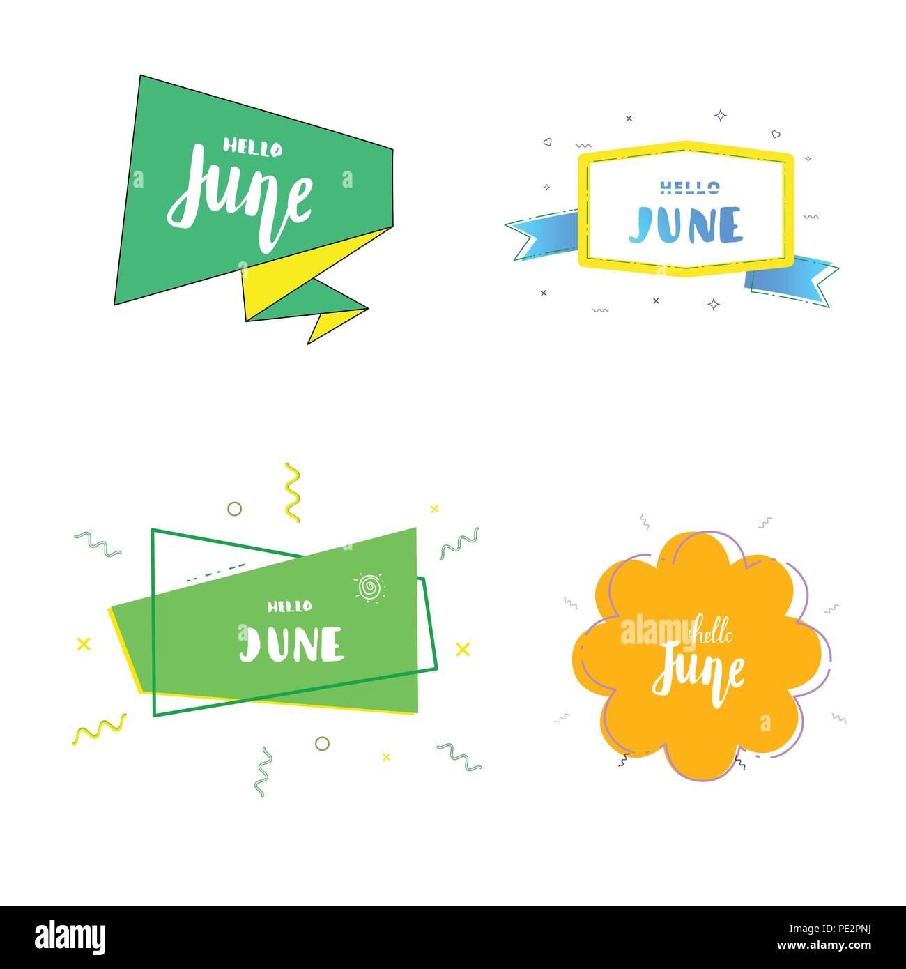 Set of Hello June banners. Element for summer graphic design. Vector