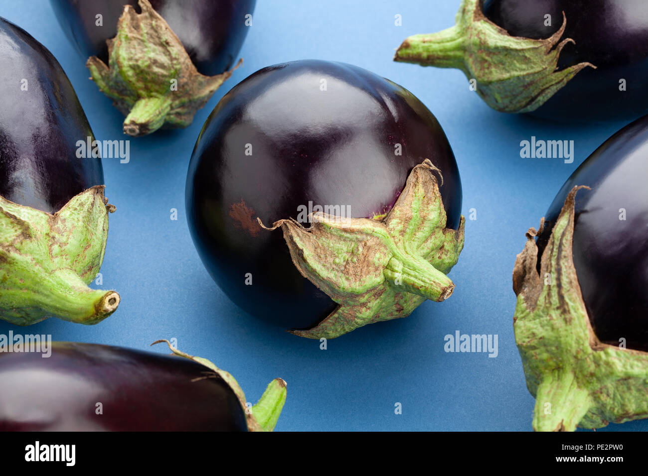 round eggplant closeup on blue backgroun Stock Photo