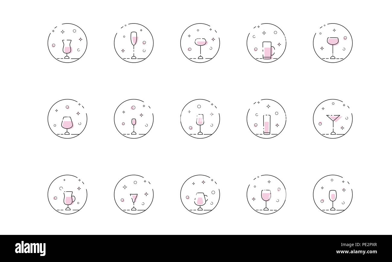 Set of drink glasses line icons. Collection of trendy simple style
