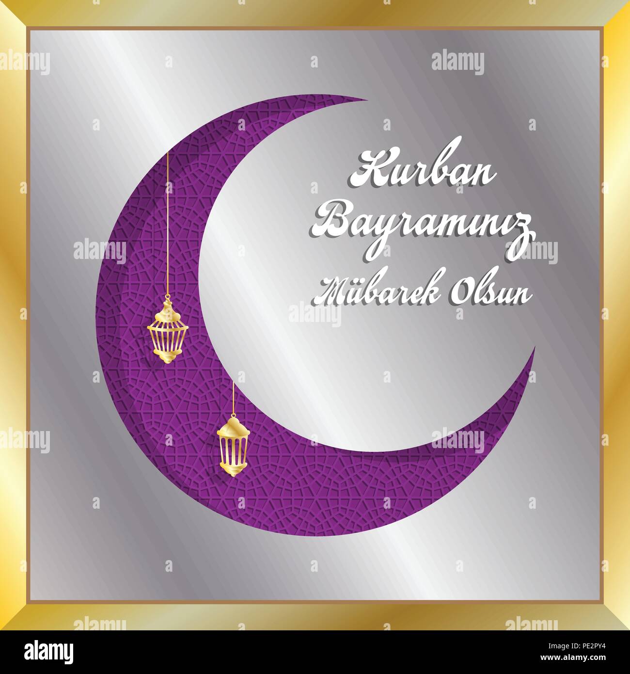 Turkish eid mubarak greeting with crescent moon for muslim holiday. All the objects are in