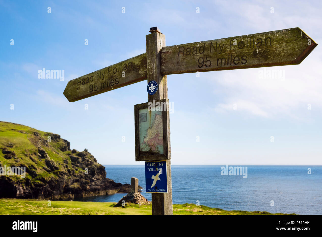 Raad Ny Foillan or Coastal Path signpost on southern coast. Kitterland, Isle of Man, British Isles Stock Photo