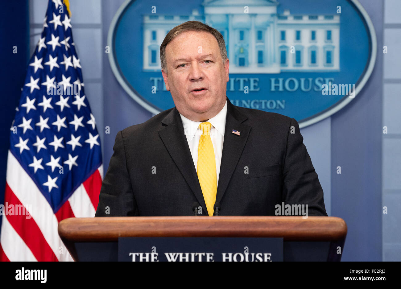 Press briefing with Secretary of State Mike Pompeo in the White House Press Briefing room at the White House in Washington, DC on June 7, 2018 Stock Photo