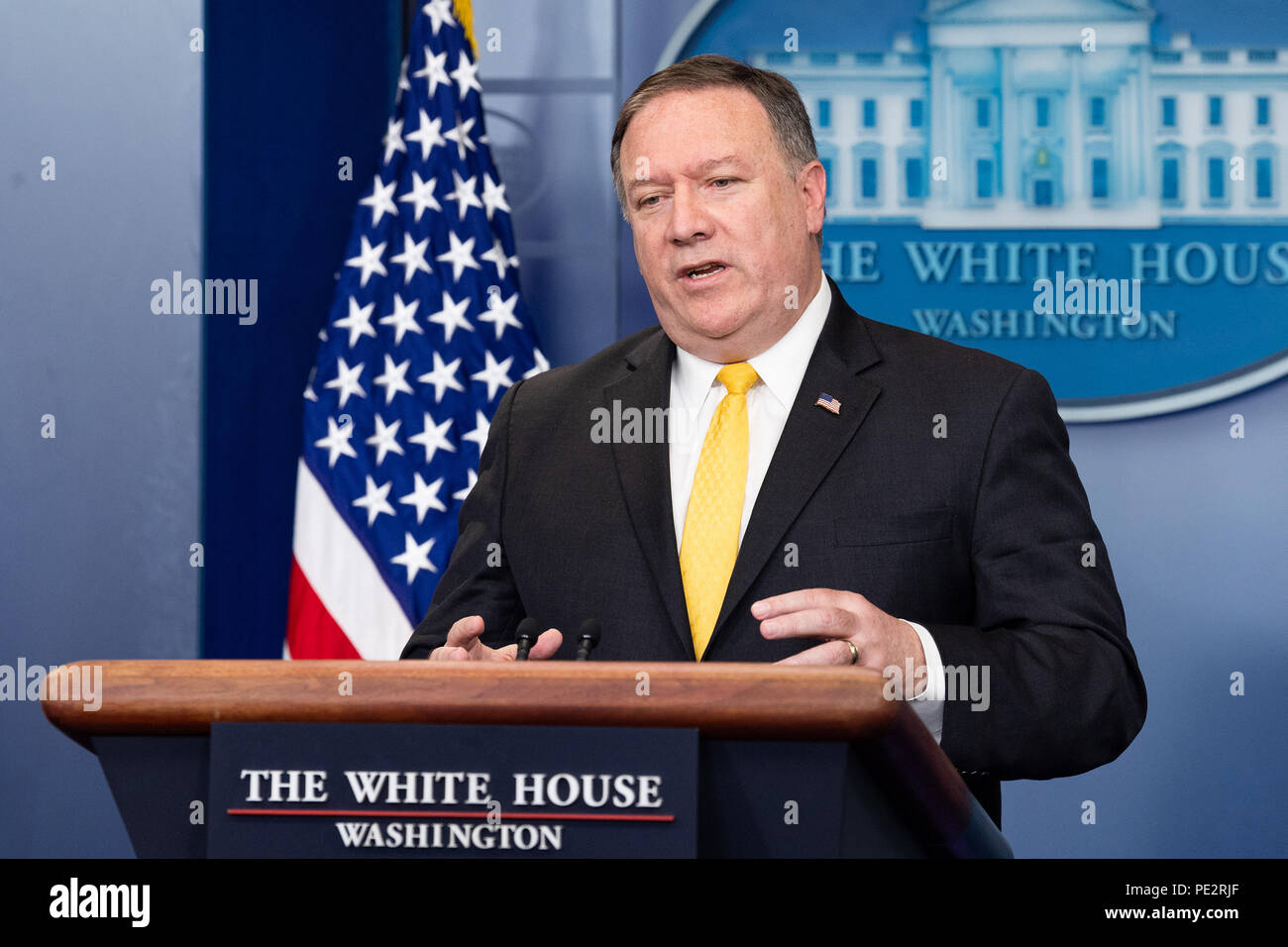 Press briefing with Secretary of State Mike Pompeo in the White House Press Briefing room at the White House in Washington, DC on June 7, 2018 Stock Photo