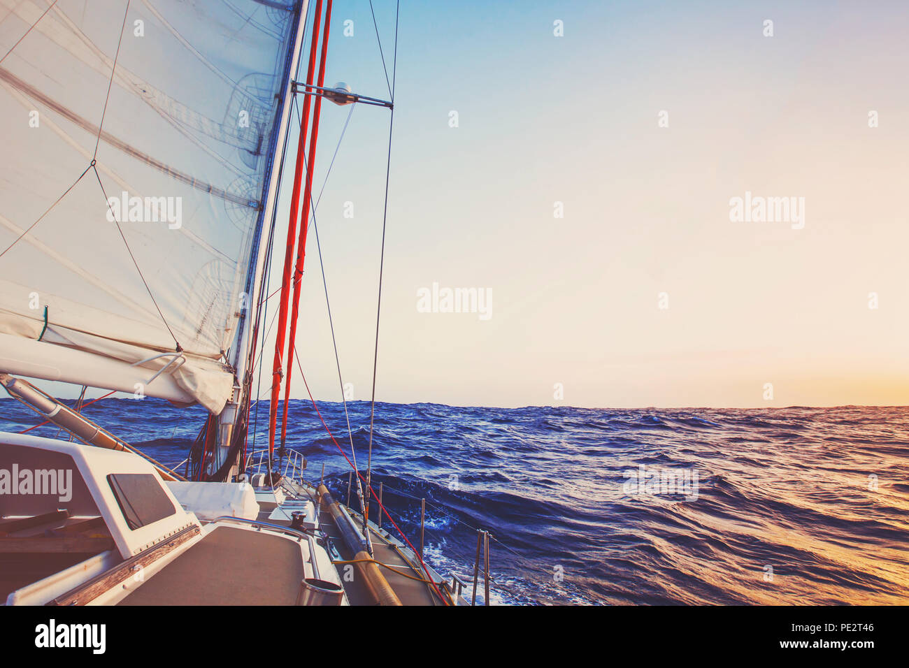 romantic cruise onboard of sailling boat, luxury yacht, beautiful seascape background Stock Photo