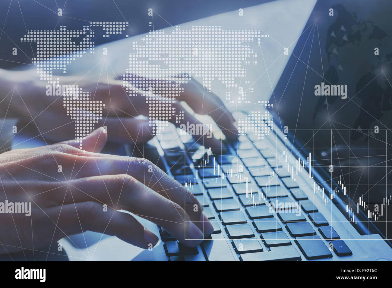 business analytics financial concept, worldwide company trading, international finance network and candlestick chart, fintech Stock Photo