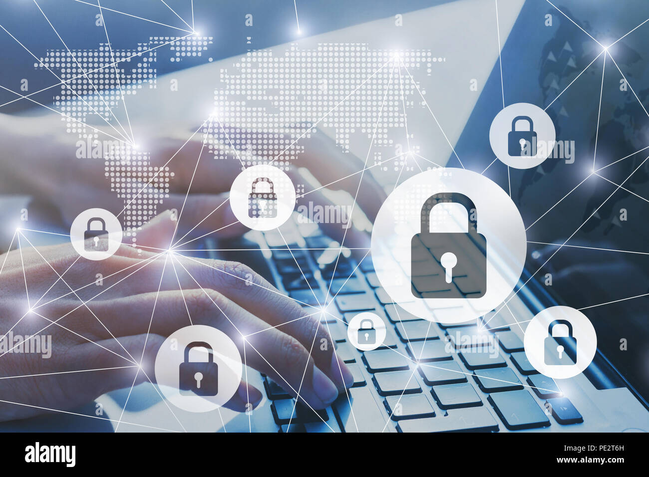 information security, secured network internet connection concept, data transfer encrypted with password, cybersecurity background with hands typing o Stock Photo