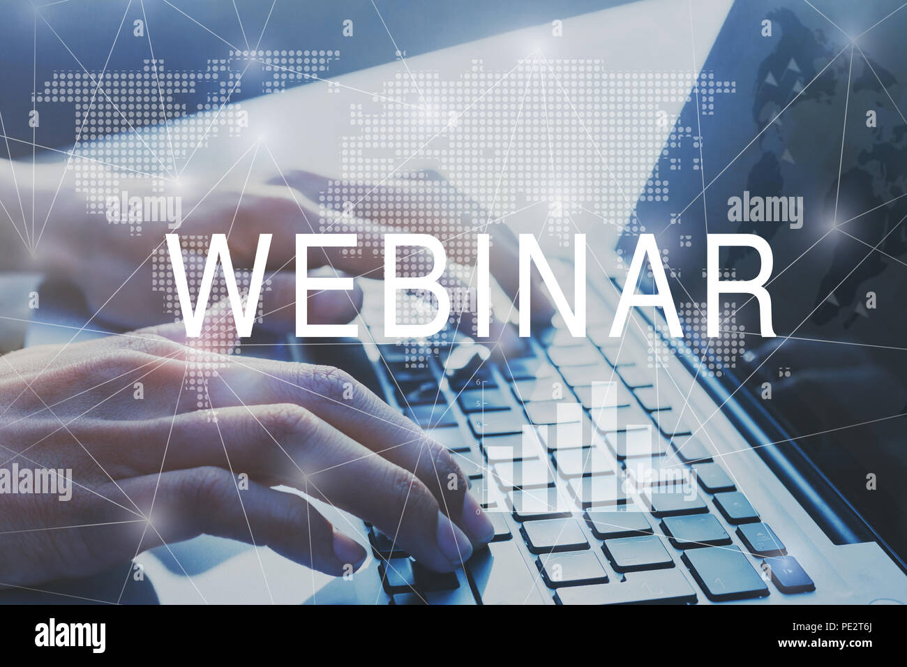 webinar concept, education online worldwide, hands typing on computer Stock Photo