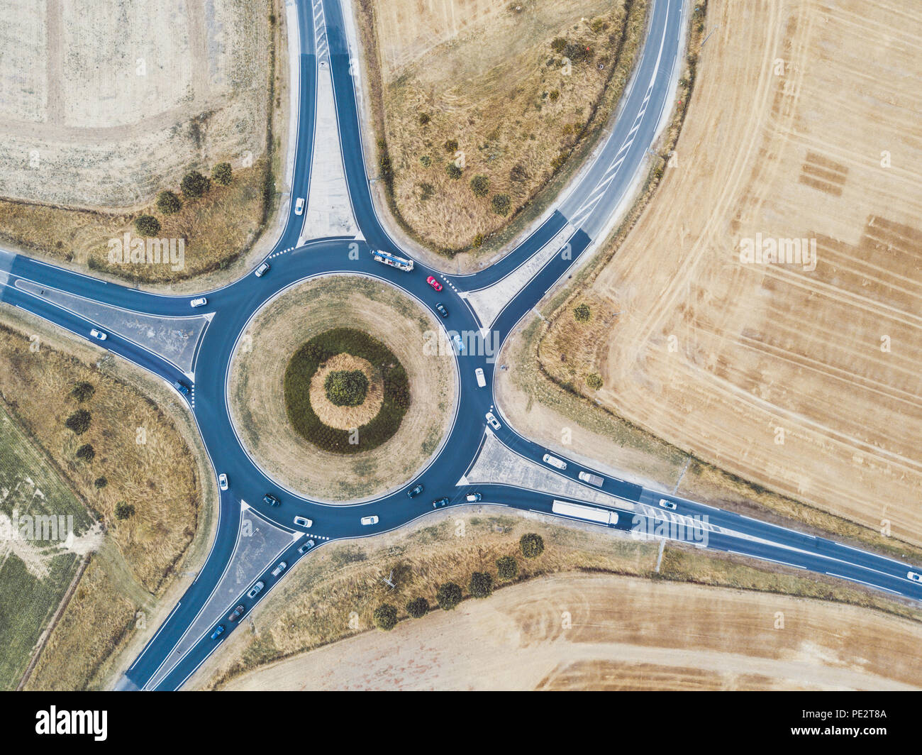 roundabout aerial top view, traffic circle with road circular intersection or junction Stock Photo
