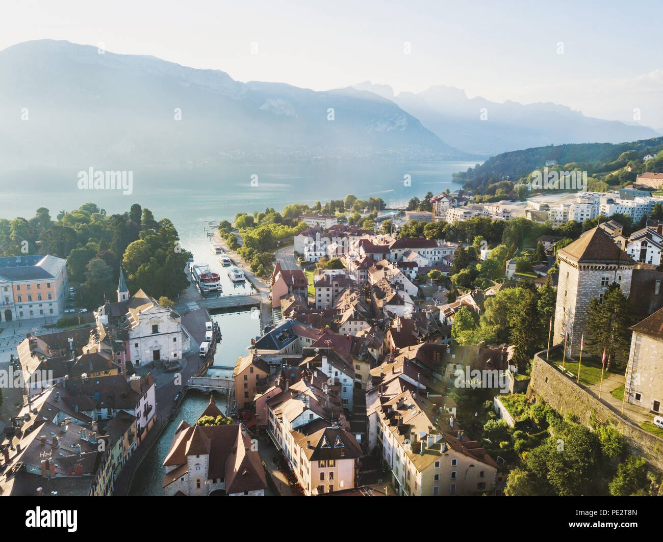 Annecy castle and old city aerial panoramic drone view, France Stock Photo