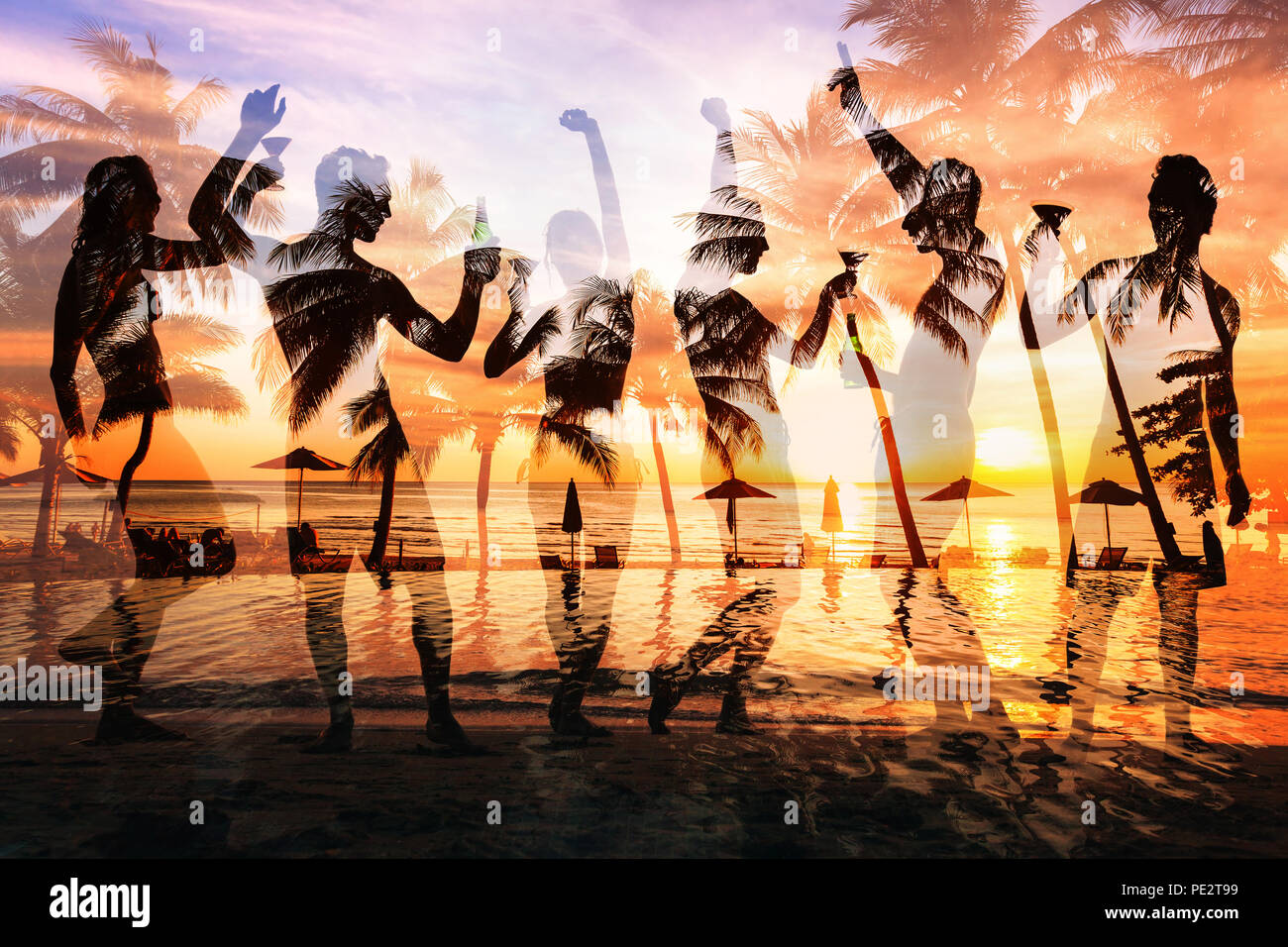 beach party double exposure, group of young people dancing, friends drinking beer and cocktails at sunset Stock Photo