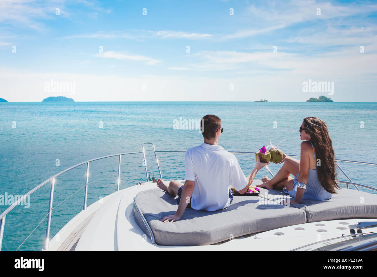 honeymoon on luxury yacht, luxurious lifrestyle and travel, romantic holidays for couple Stock Photo