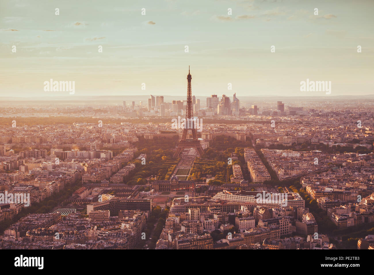 Paris aerial view with Eiffel Tower, famous landmark in Europe, romantic travel destination Stock Photo
