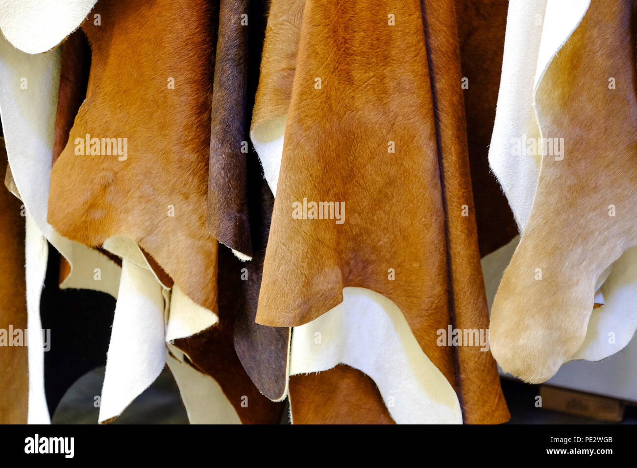 Pieces of cowhide are whitebrown. Intermediate. Hanging on the stand