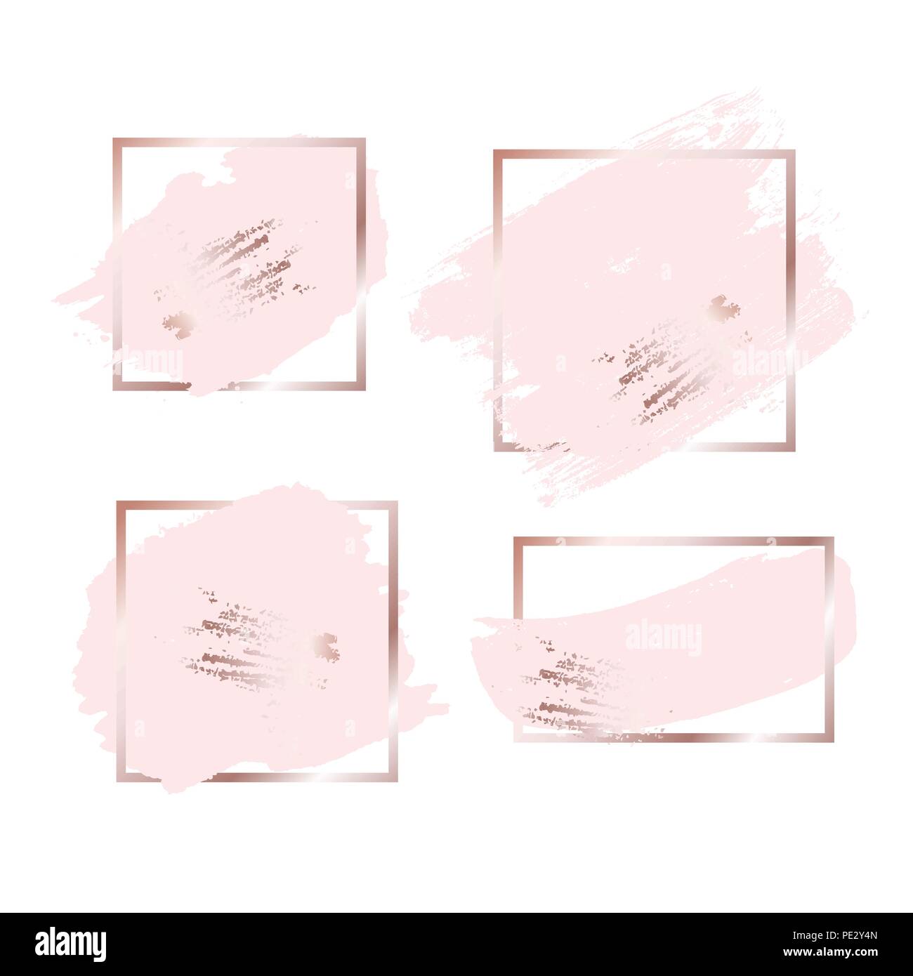 Brush strokes in rose gold pink tones and golden frame background ...