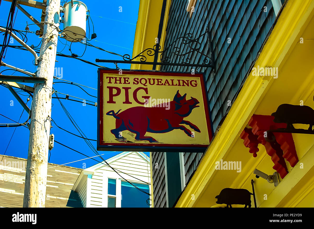 Sign for the Squealing Pig bar and restaurant on Commercial Street in Provincetown, Massachusetts, USA Stock Photo