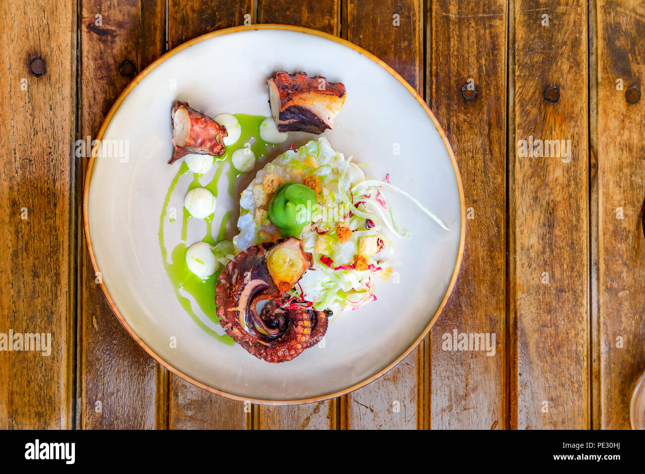 Grilled octopus salad with apples and fresh cabbage, croutons and green sauce on a rustic table at a french restaurant Stock Photo