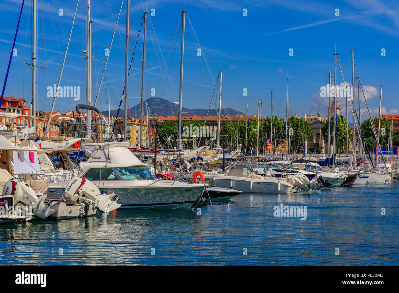 Nice, France - May 24, 2018: Luxury yachts and boats in Lympia port of Nice, Côte d'Azur Stock Photo