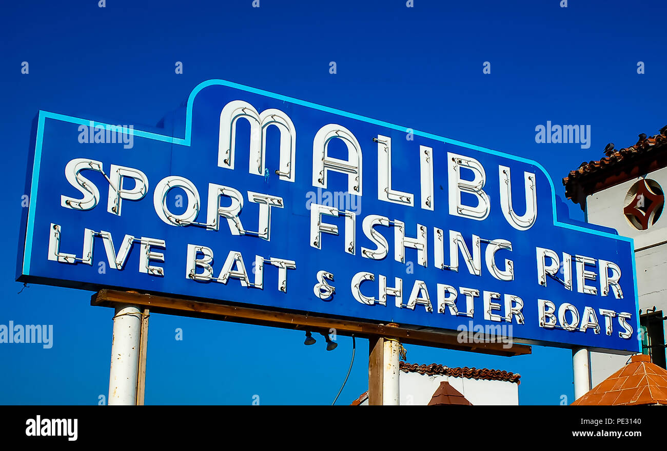 Sign for the Malibu Pier on the Pacific Coast Highway in Malibu, California Stock Photo
