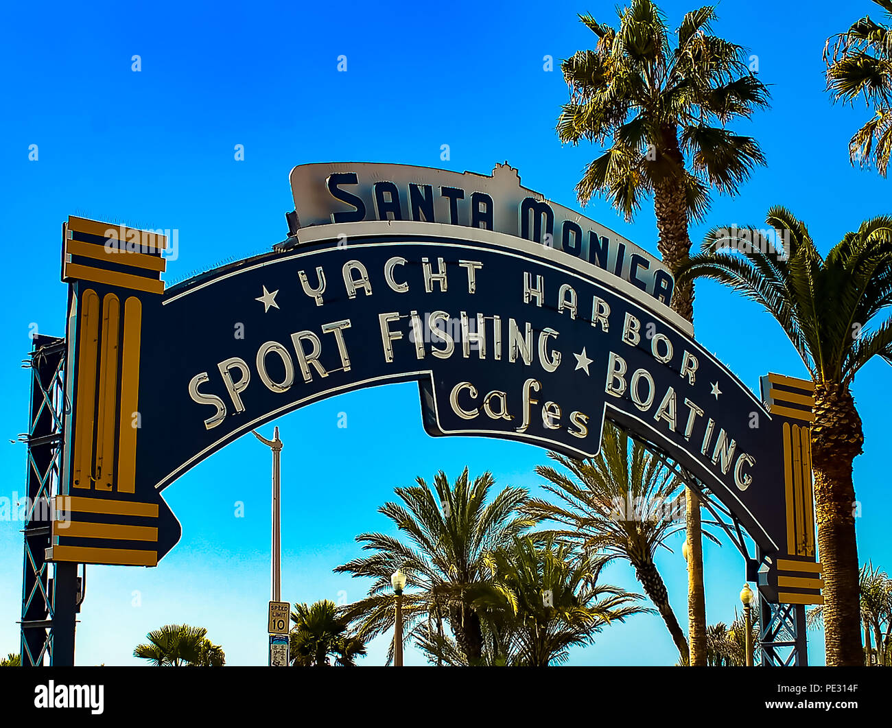 The iconic Santa Monica Pier sign in Santa Monica, California Stock Photo