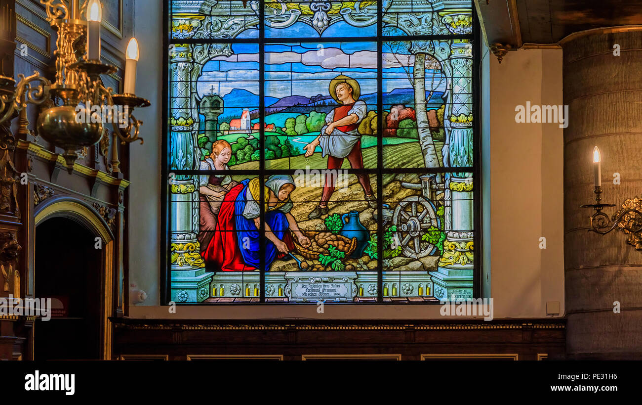 Stockholm, Sweden August 14, 2017 Stained glass window and