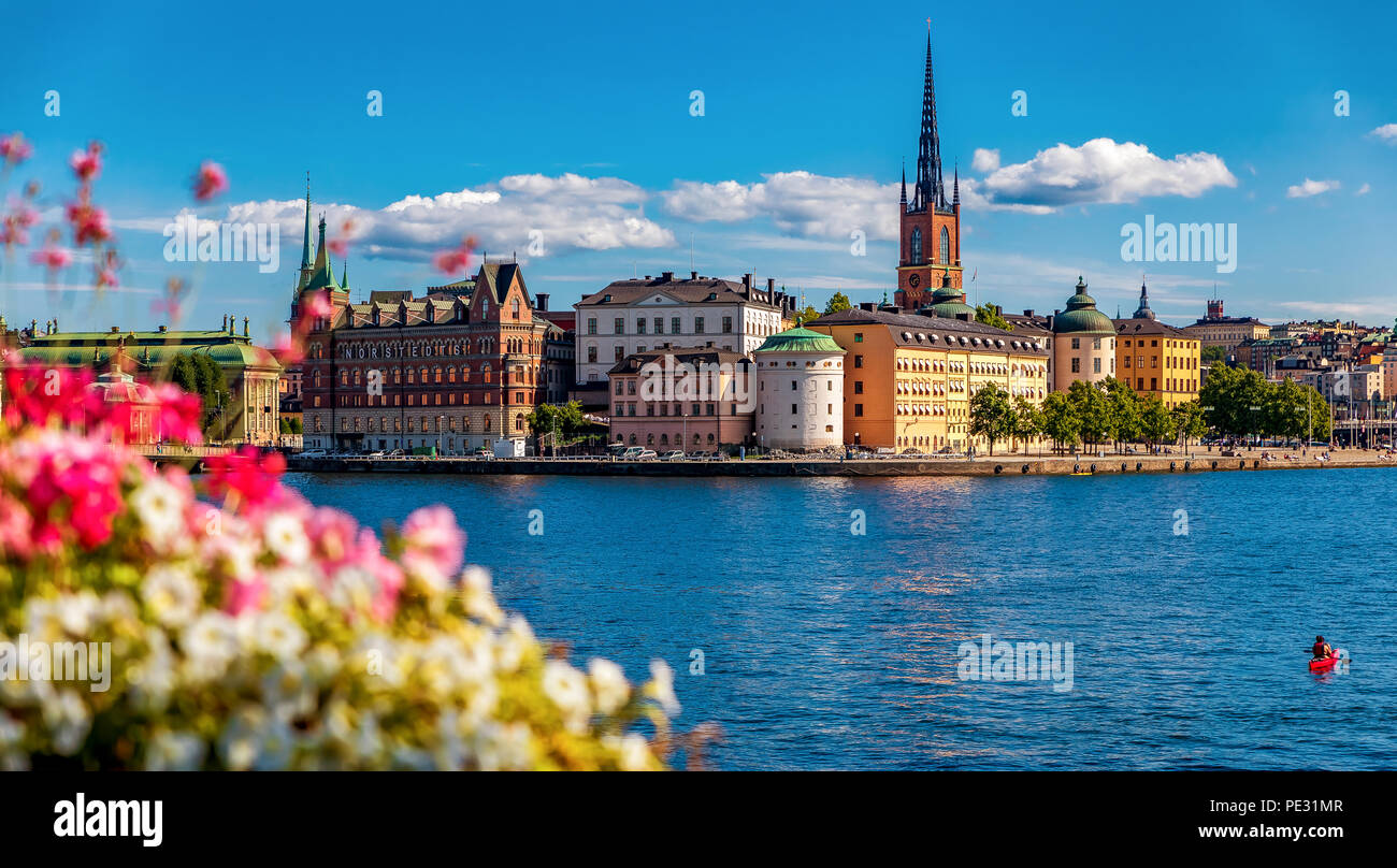 Stockholm, Sweden - August 17, 2017:  Panoramic view across Lake Malaren onto traditional gothic buildings in the old town, Gamla Stan and Riddarholme Stock Photo