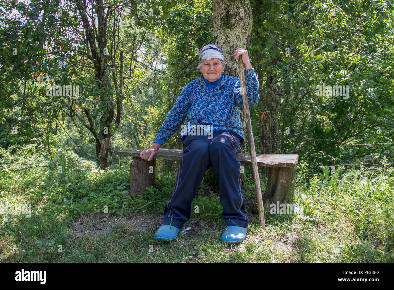 Village Dub, Western Serbia, July 2018 - An elderly woman with a stick resting in the shade Stock Photo