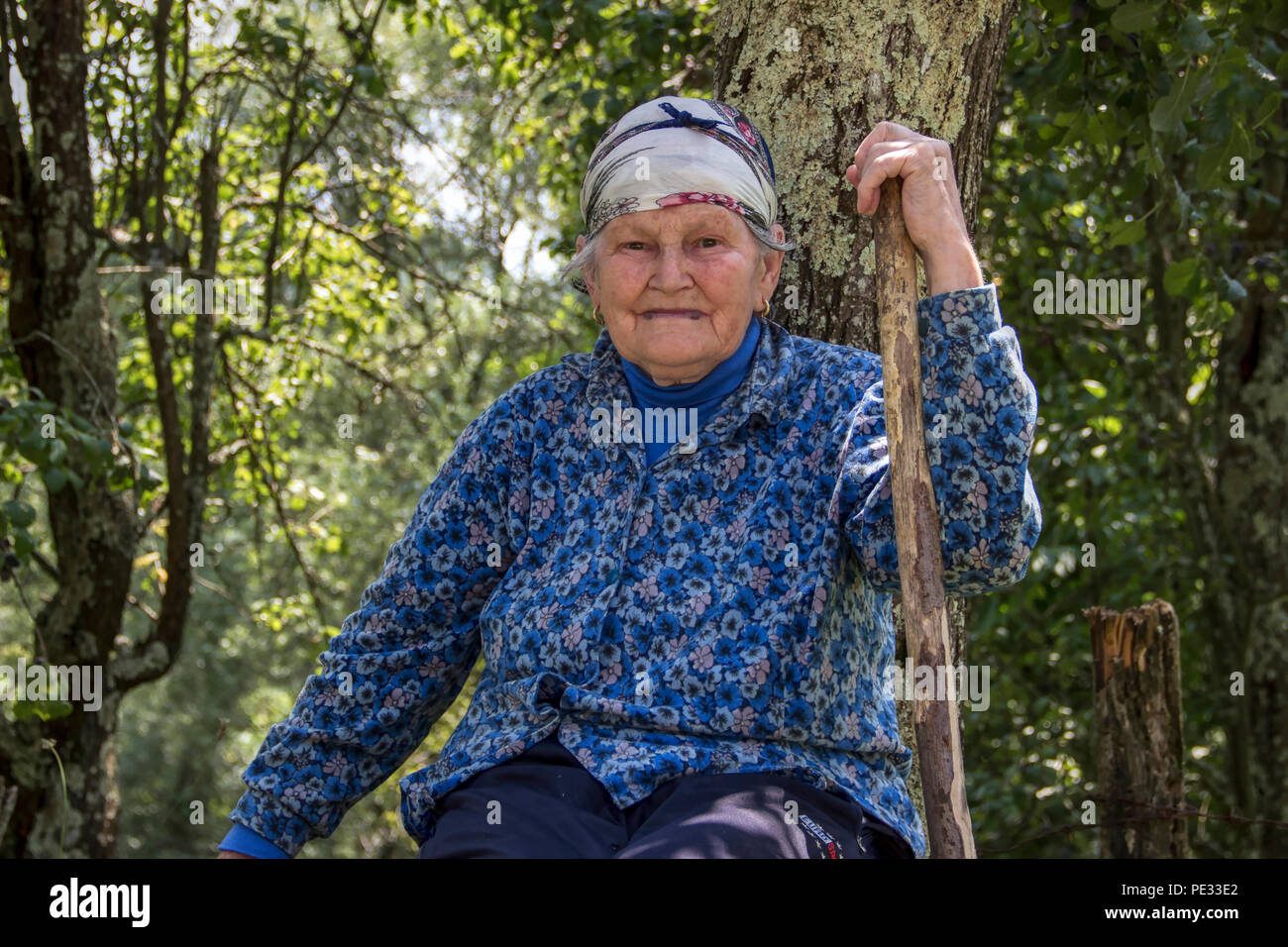 Village Dub, Western Serbia, July 2018 - Portrait of an elderly woman with a stick resting in the shade Stock Photo