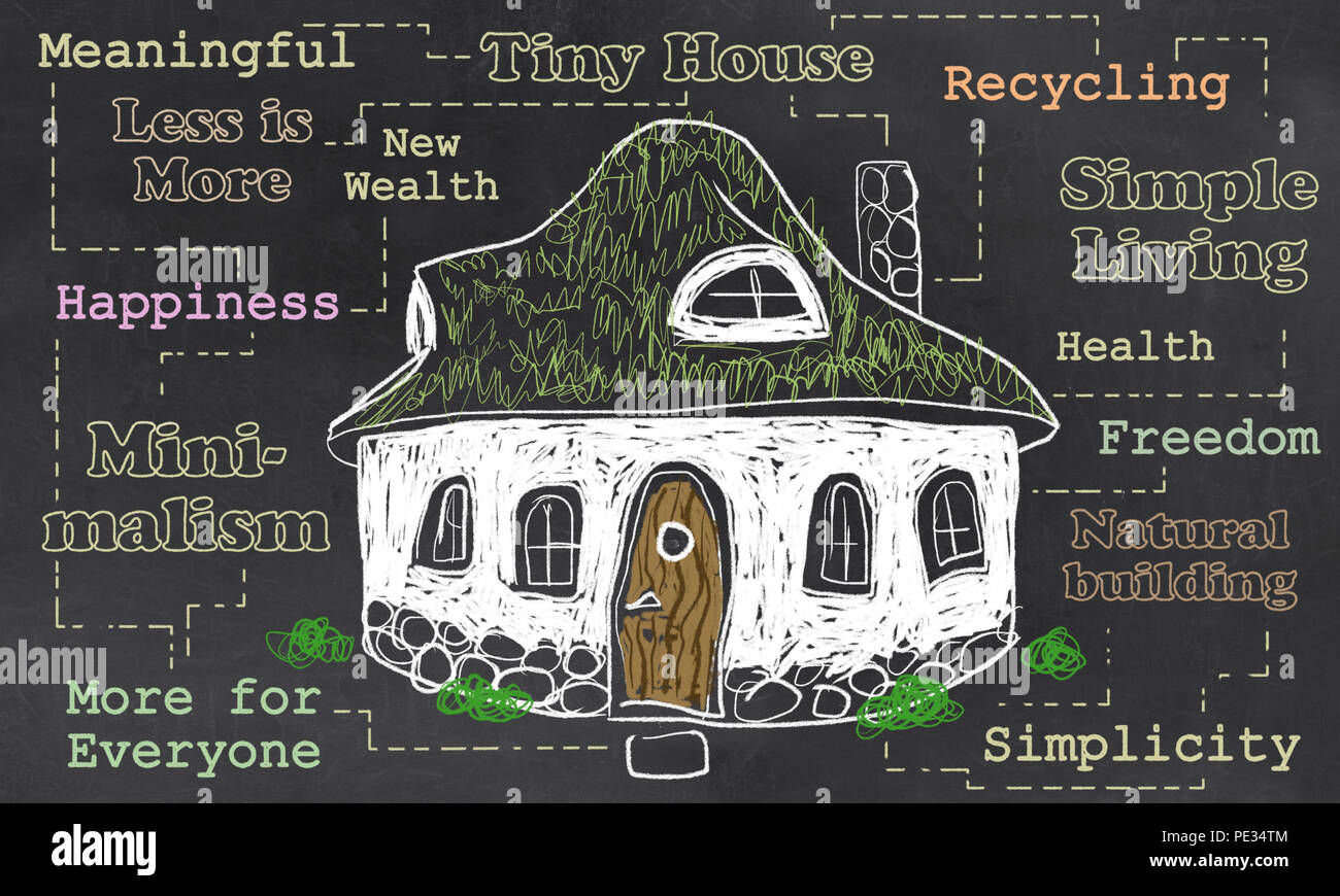 Tiny House illustration about Freedom and Simple Living without Toxic Building Material and Waste. Stock Photo