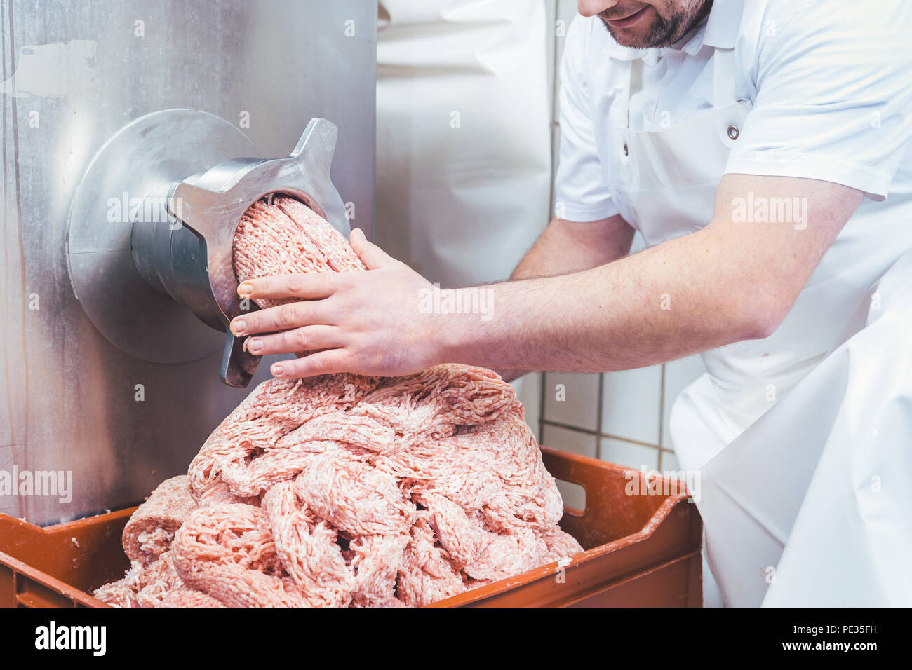 Minced meat flowing out of grinder in butchery Stock Photo