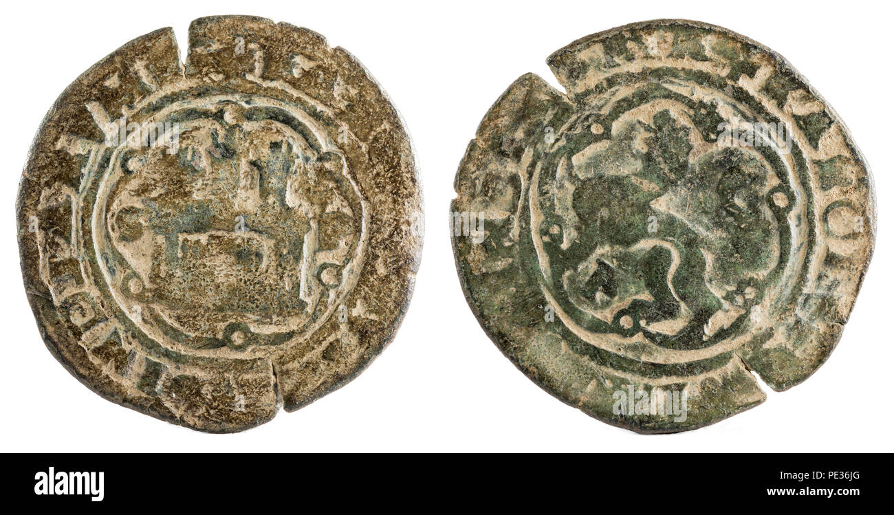 Ancient Spanish copper coin of the King Carlos I. Coined in Santo Domingo. 4 maravedis. Stock Photo