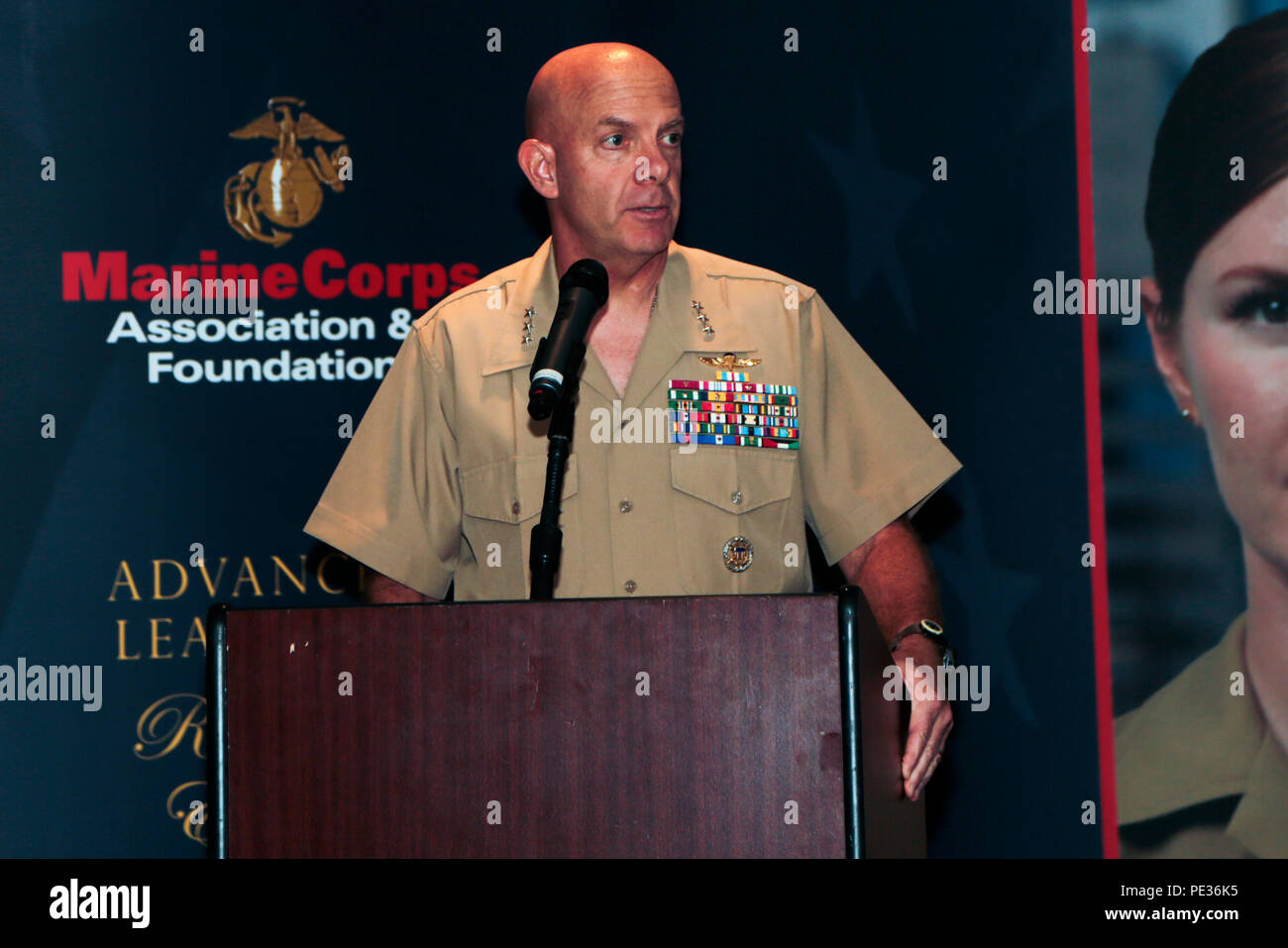 U.S. Marine Corps Lt. Gen. David Berger, commanding general of I Marine Expeditionary Force, gives remarks at a Marine Corps Association & Foundation leadership luncheon during Marine Week Phoenix, Sept. 11, 2015. Marine Week Phoenix celebrates the contributions of local Marines whose service to our nation has protected and preserved our way of life for hundreds of years. (U.S. Marine Corps Combat Camera photo by Cpl Allison J. Herman/Released) Stock Photo