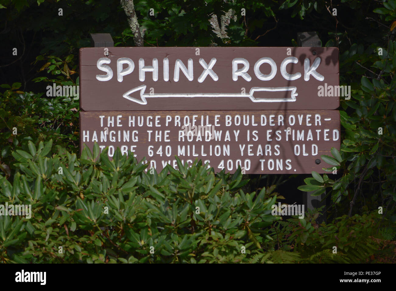 Outdoor Photography Signage to Famous 640 million Year Old Attraction Historical Sphinx Rock At Grandfather Mountain State Park North Carolina USA Stock Photo