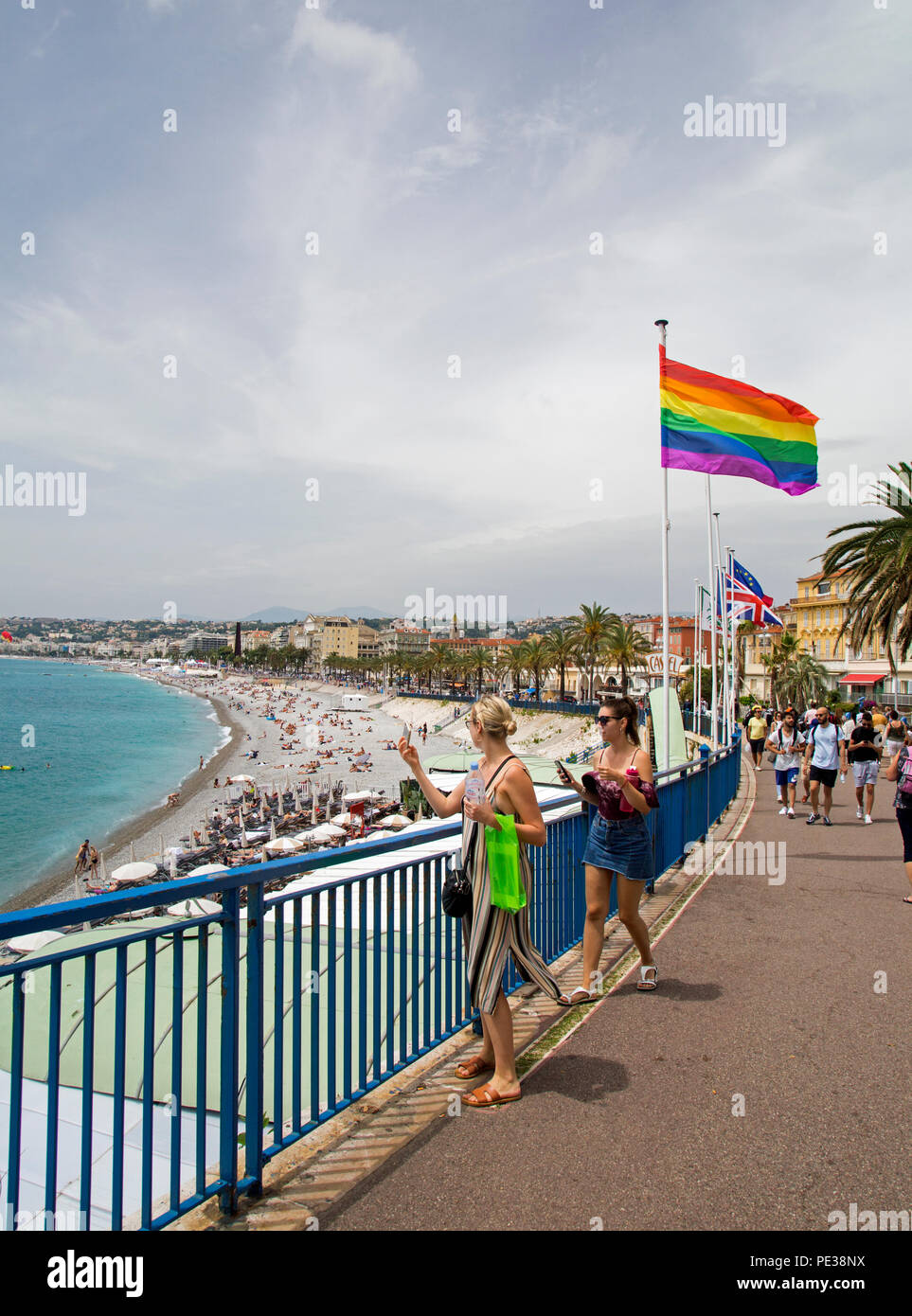 June 2018, Nice, France, A freedom flag flies on the promenade indicating gay friendly credentials. Stock Photo