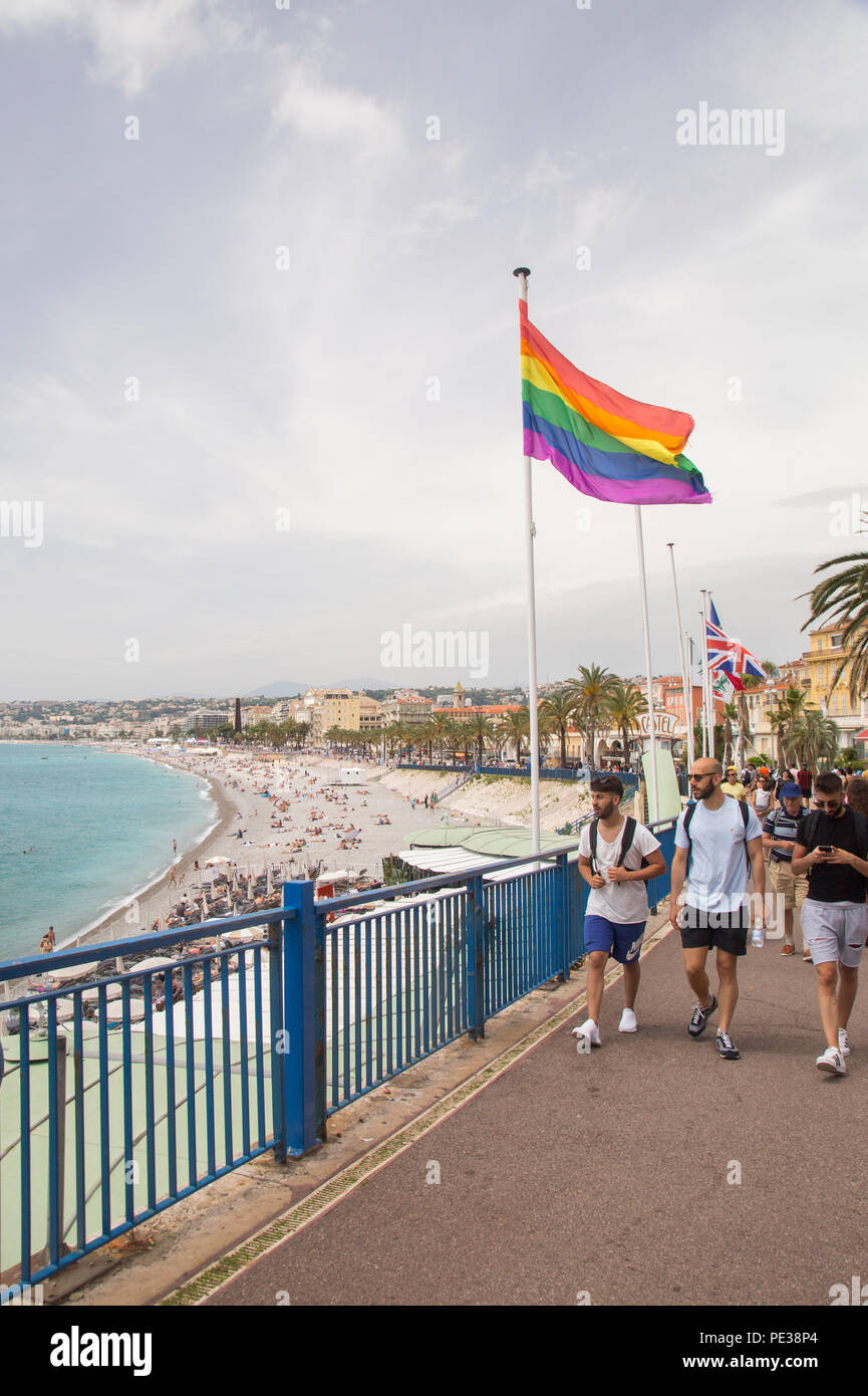 June 2018, Nice, France, A freedom flag flies on the promenade indicating gay friendly credentials. Stock Photo
