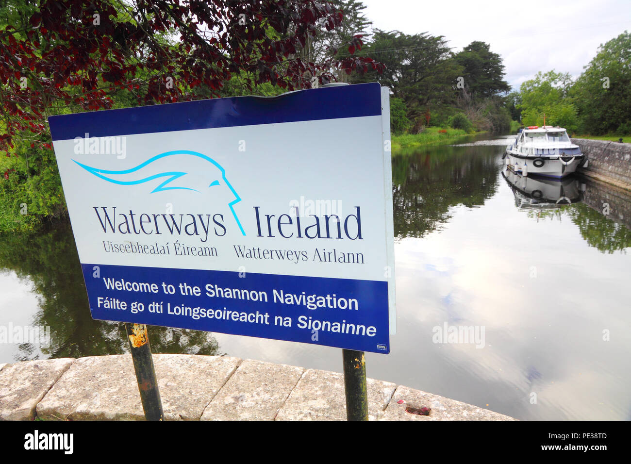 Waterways Ireland sign where the River Camlin leaves Cloondara towards the River Shannon, Ireland Stock Photo