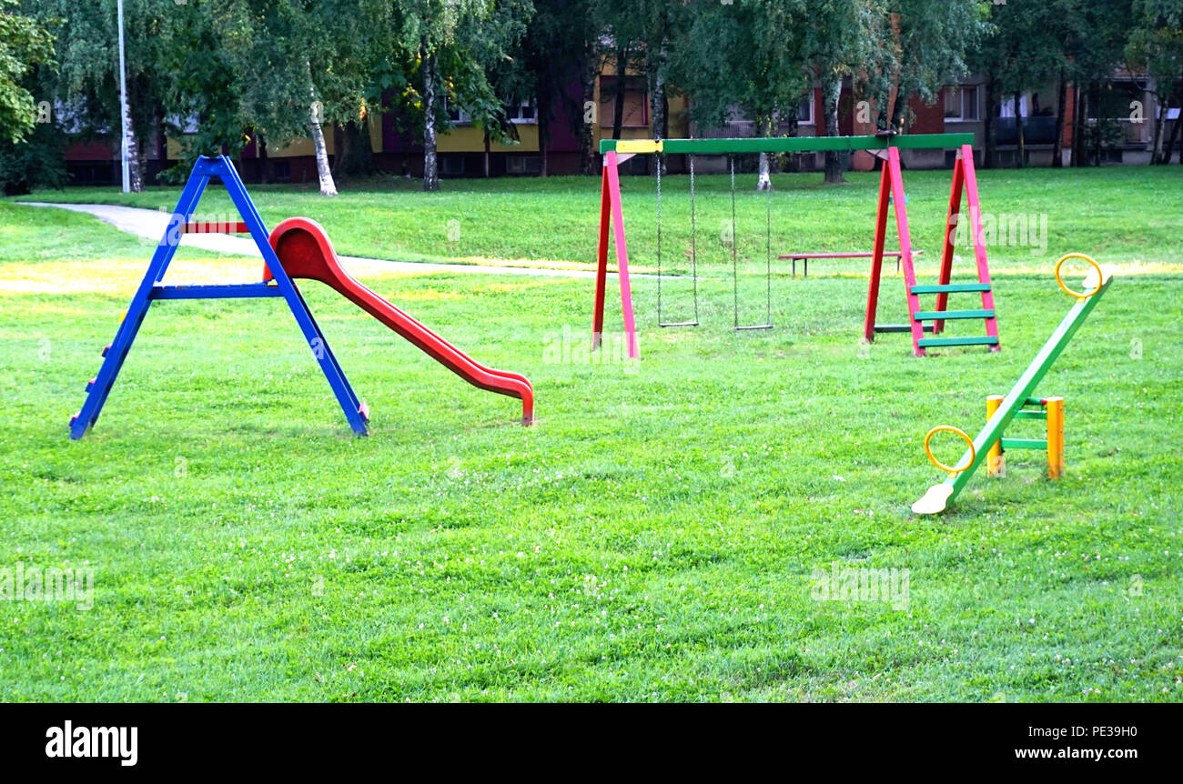 Equipment for child playground in city park, children outdoor