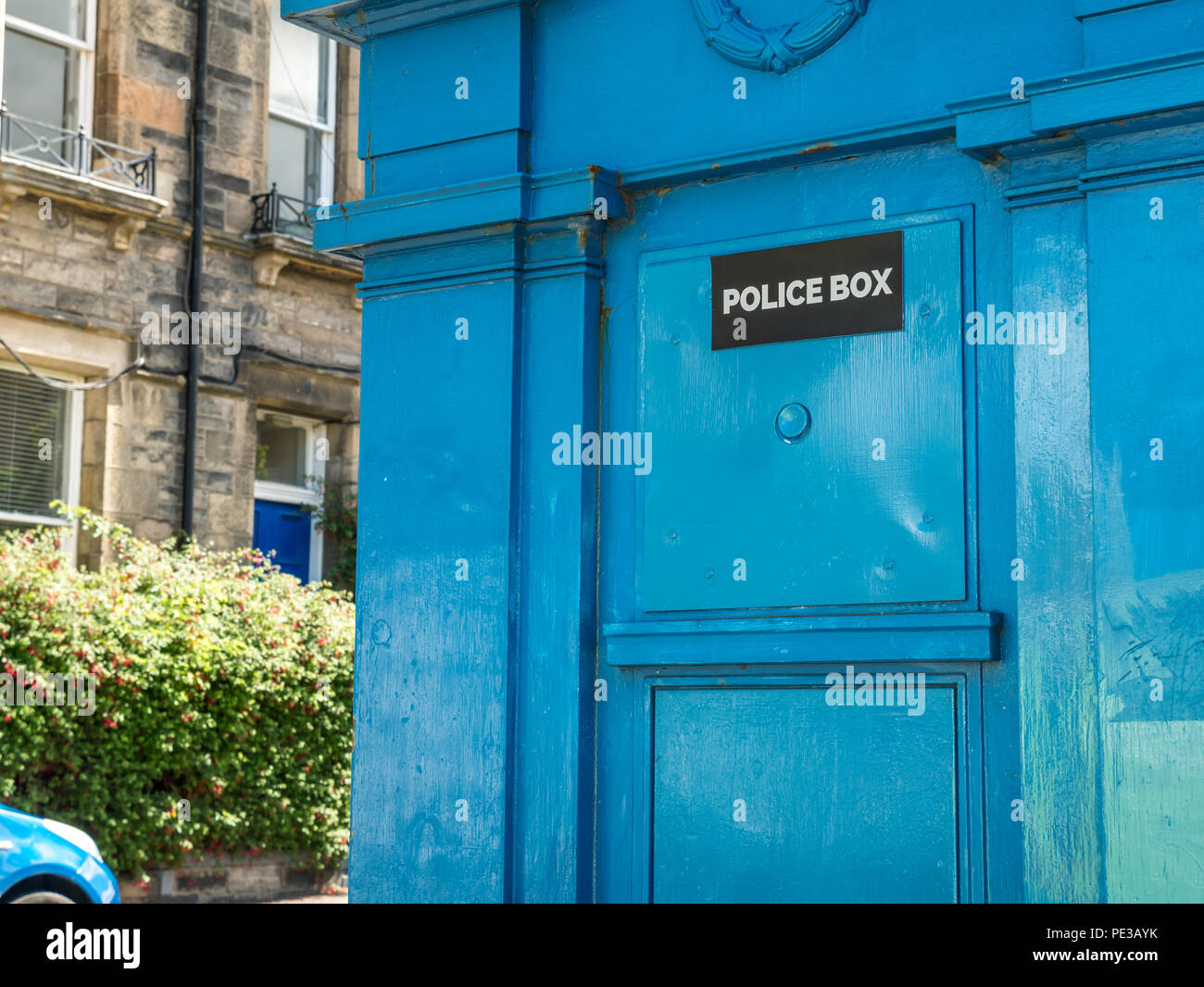 Disused blue police call box like a Tardis with Police Box name, Edinburgh, Scotland, UK Stock Photo