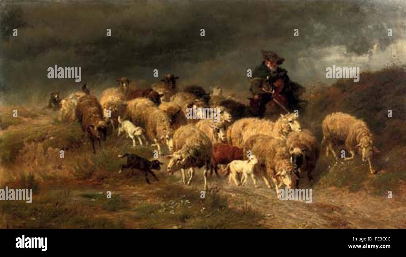 Anton Braith - Heimkehr im Sturm herding the flock. Stock Photo