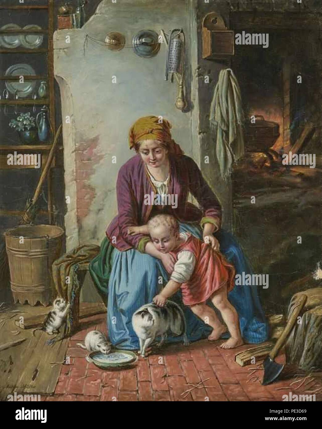 Anton Müller - Mutter mit Kind beim Füttern der Katzen. Stock Photo