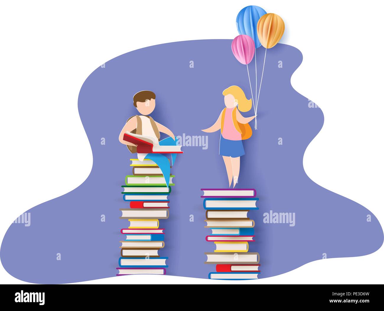 Back to school 1 september card with boy, girl, books. Vector illustration. Paper cut and craft style. Stock Vector