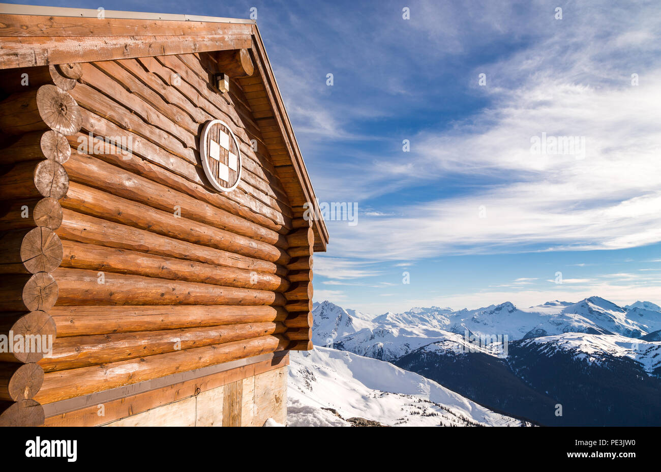 Alpine first aid hut with a view of the mountains. Stock Photo