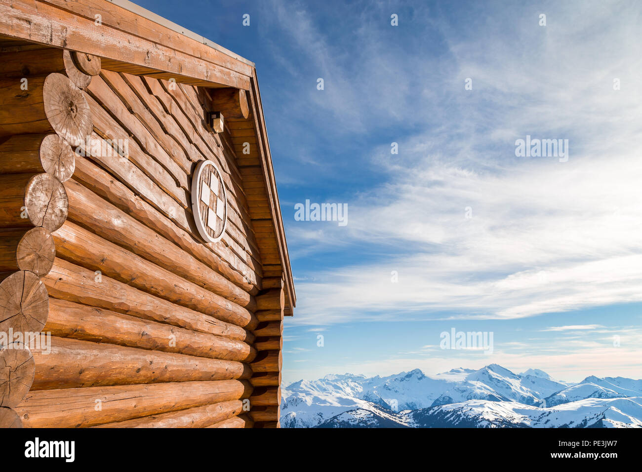 Alpine first aid hut with a view of the mountains. Stock Photo
