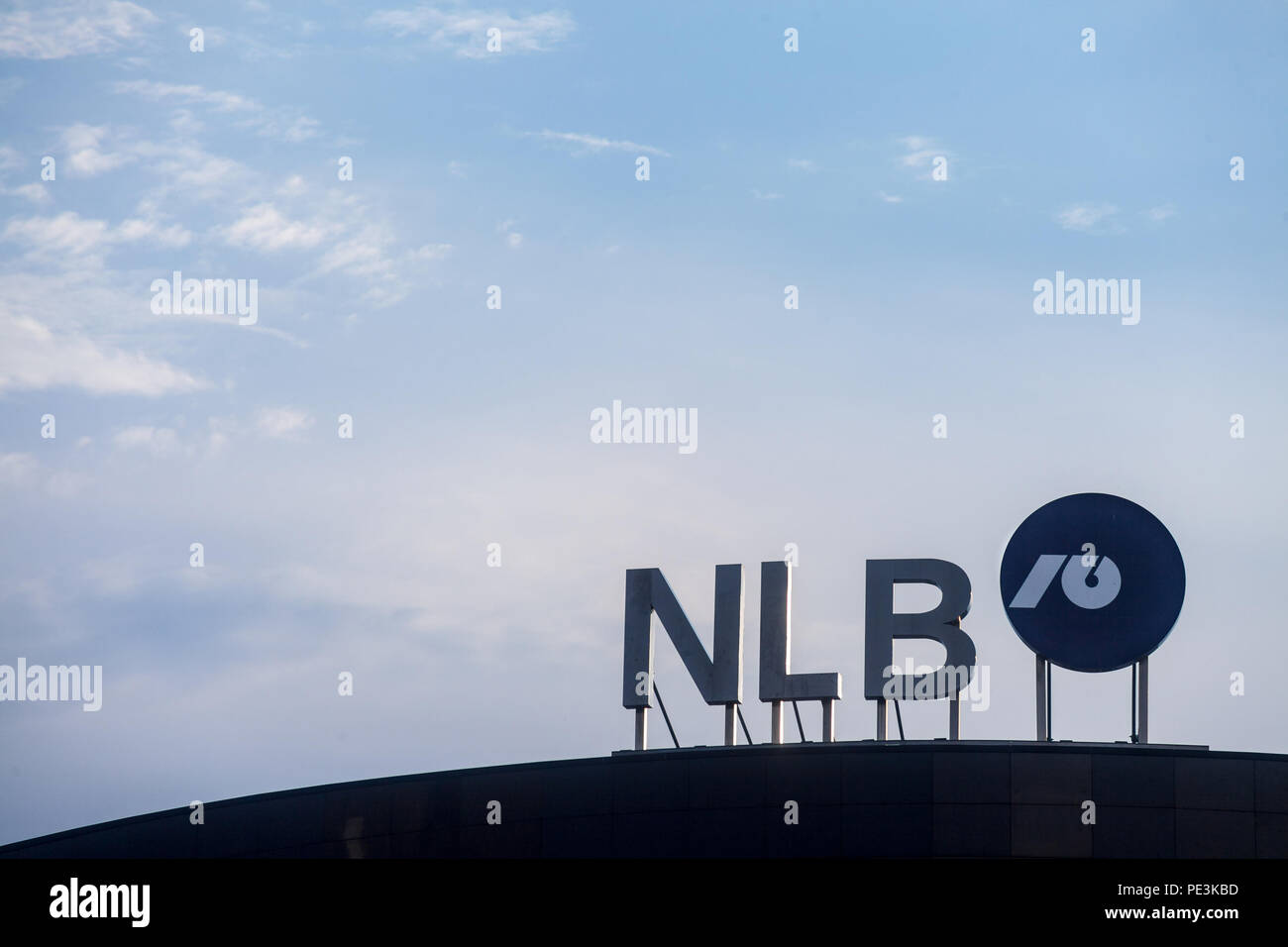 BELGRADE, SERBIA - AUGUST 1, 2018: NLB Bank Group logo on their main office for Serbia. NLB Group, formerly Ljubljanska Banka, is a Slovenian bank & f Stock Photo