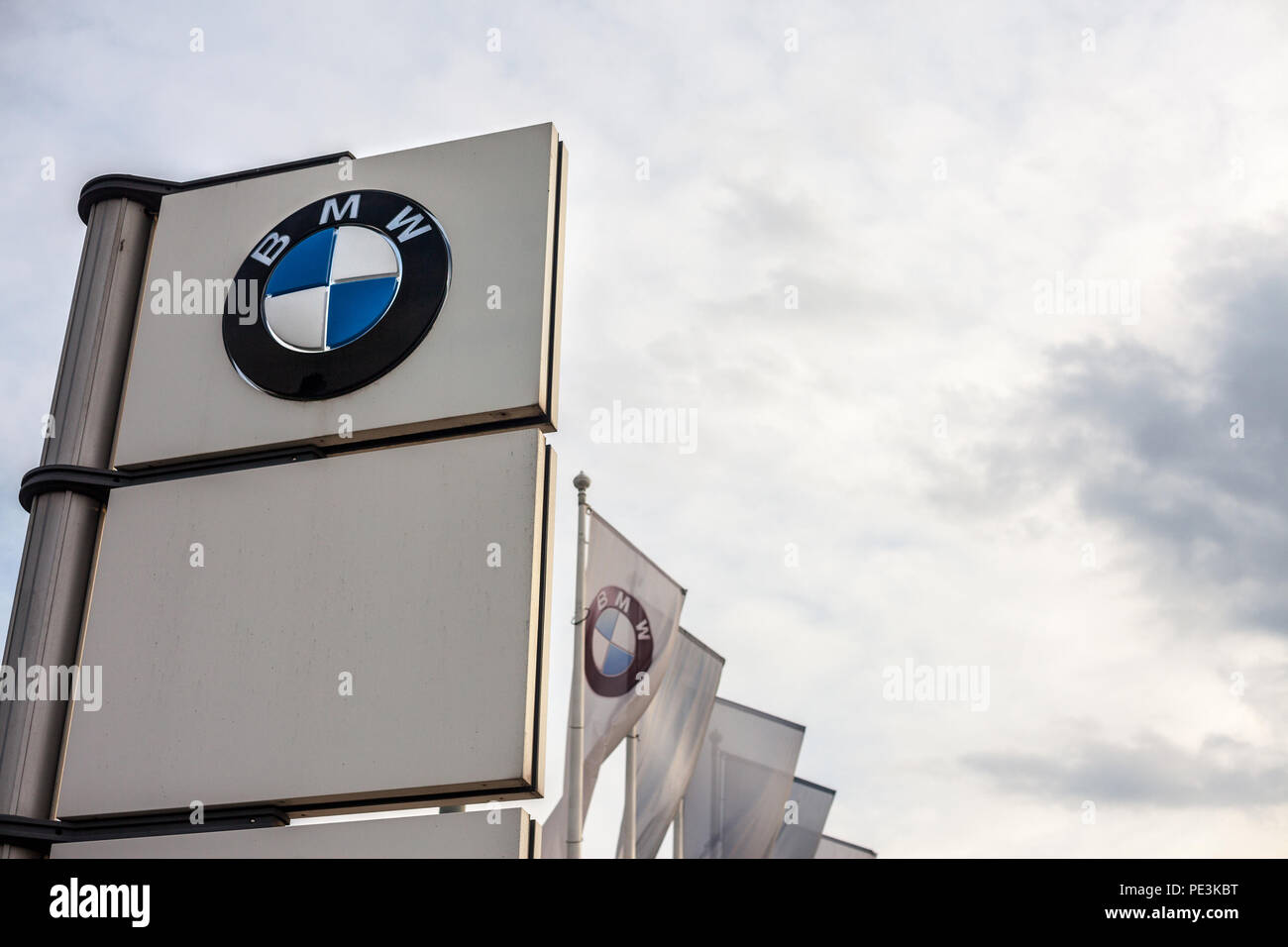 BELGRADE, SERBIA - AUGUST 11, 2018: BMW logo on their main dealership store Belgrade. BMW is a German car and automotive manufacturer, specialized in  Stock Photo